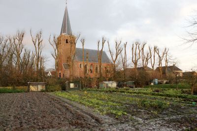 Hantum   volkstuintjes met kerk op de achtergrond